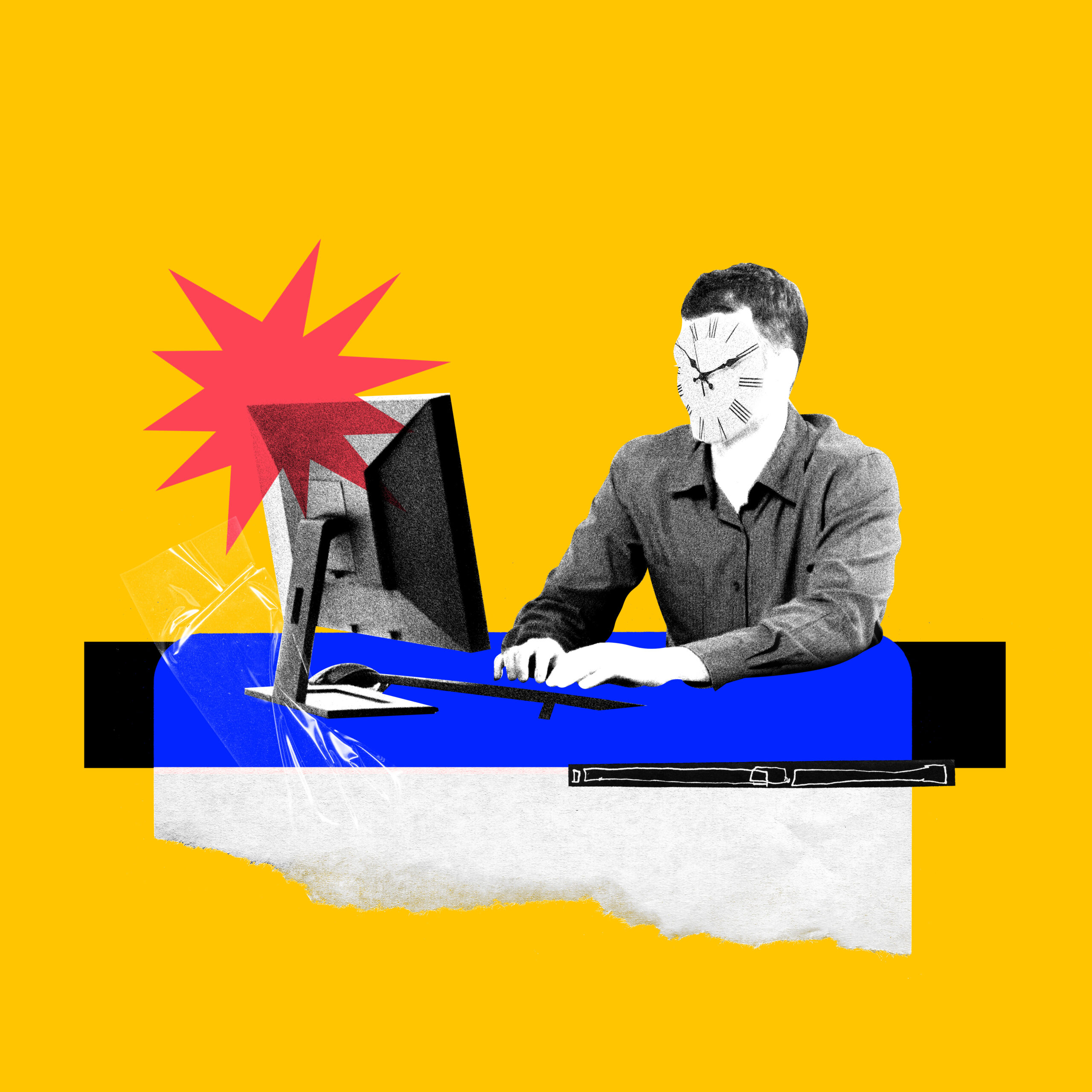 Contemporary art collage. Business Creative Art Collage, abstraction art collage. A businessman works a lot, not keeping track of time, with overtime, fatigue, and being overwhelmed.
